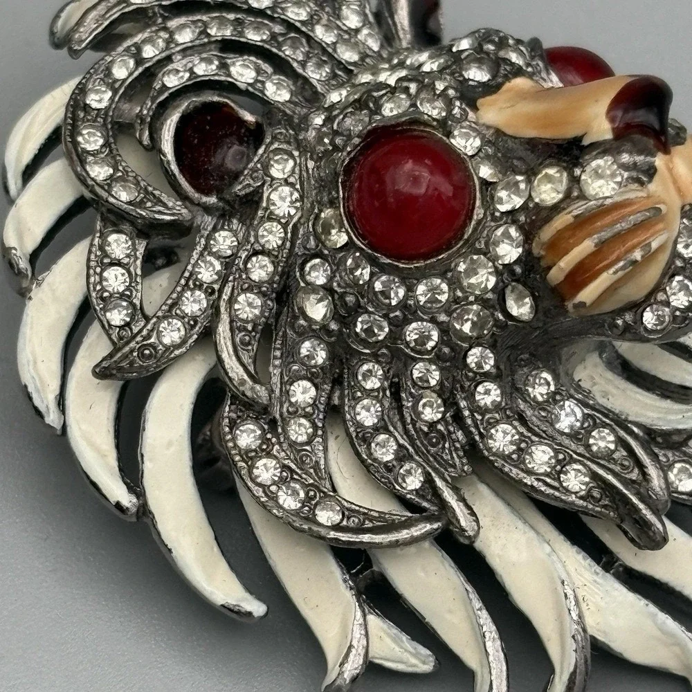 Vintage KJL Kenneth J Lane Lion Pin Enamel Rhinestones Red Gripoix HEAVY